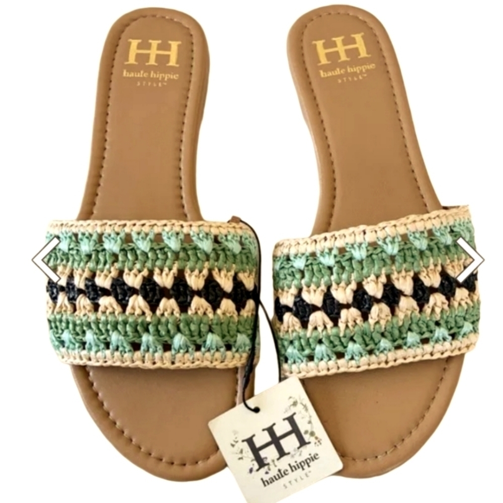 NEW! HAUTE HIPPIE Multi-color Raffia Flat Slip On Slides.